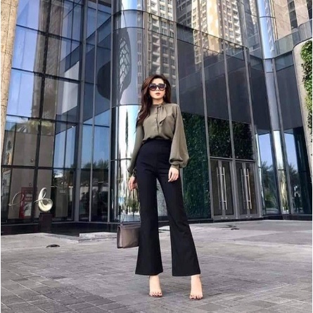 Quần Tây Ống Loe Cạp Cao Madela 2 Cúc Nâng Mông Tôn Dáng, Quần Cạp Cao Ống Loe Siêu Tôn Dáng - Qos101