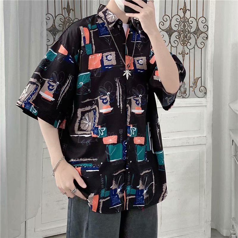 Korean Style Retro Floral Pattern Short Sleeve Men's Shirt