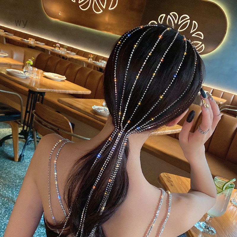 Băng Đô Cài Tóc Dáng Dài Phối Tua Rua Toàn Diện Đính Đá Lấp Lánh Thời Trang Sang Trọng Cho Nữ