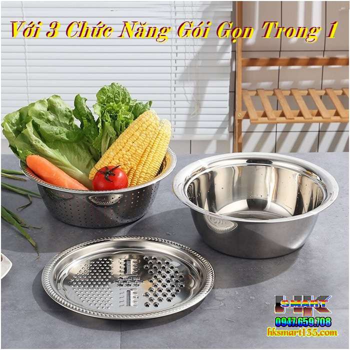 Bộ bào nạo rau củ kiêm rổ và chậu Inox Cao cấp đa năng