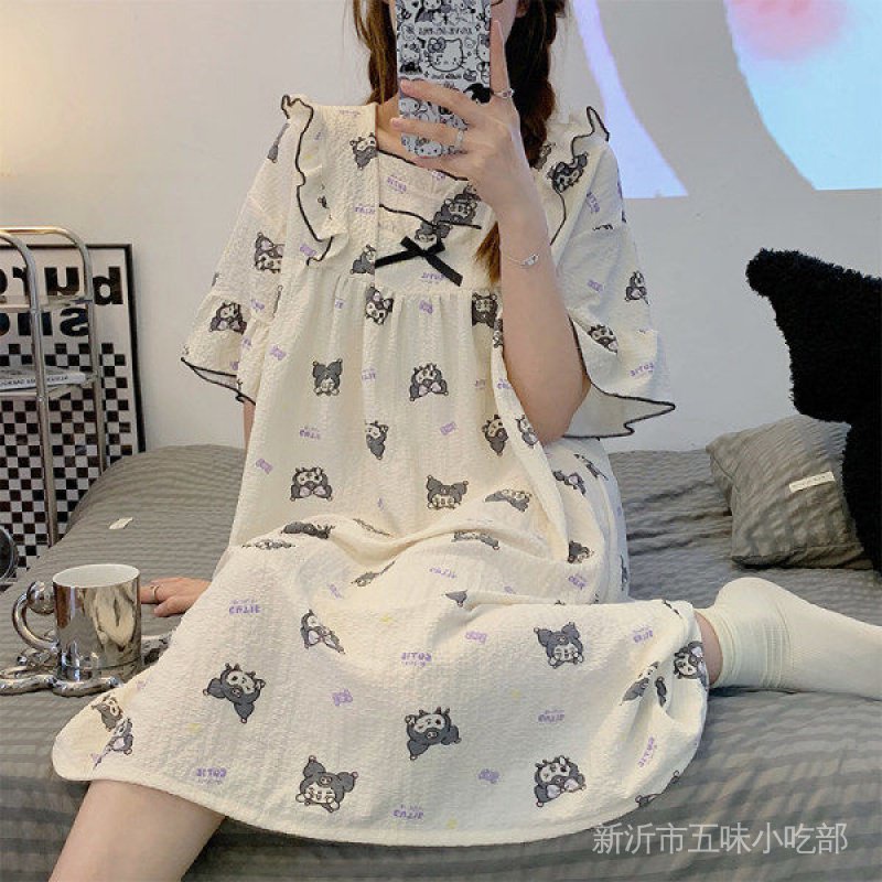 Đầm Ngủ Phối Bèo Đính Nơ Nhỏ Màu Đen Phong Cách Nhật Bản Thời Trang Xuân Thu Cho Nữ