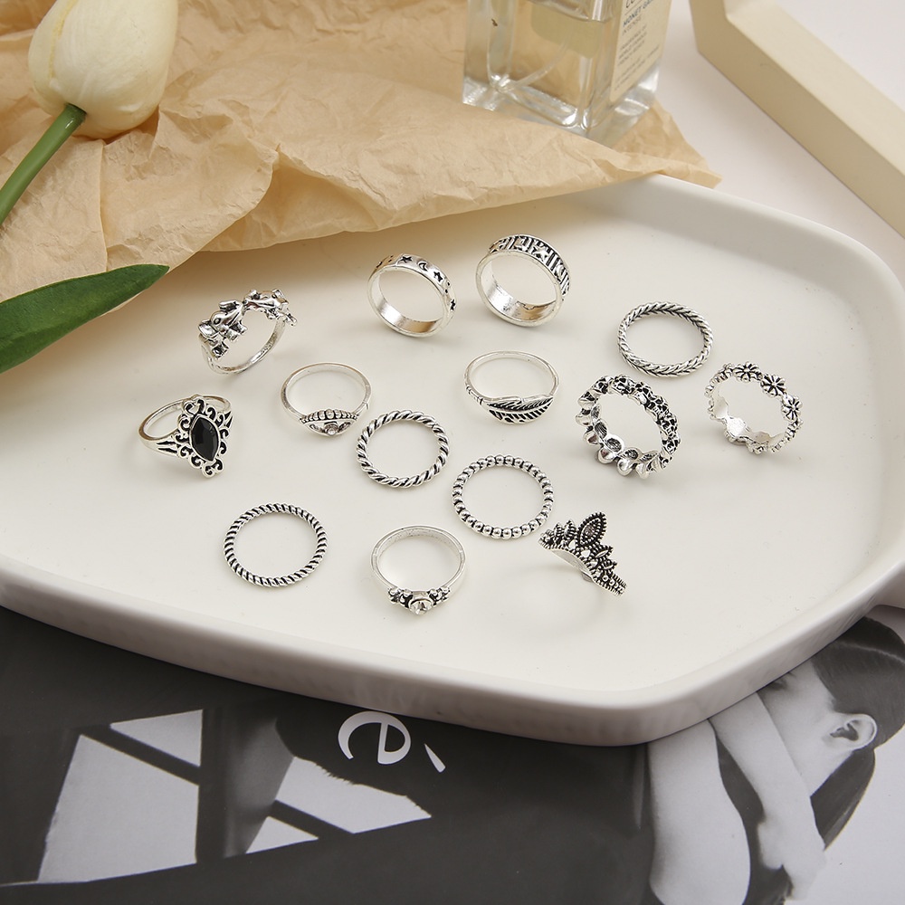 Set 14 Nhẫn Đeo Khớp Ngón Tay Màu Đen / Bạc Hình Vương Miện / Ngôi Sao / Mặt