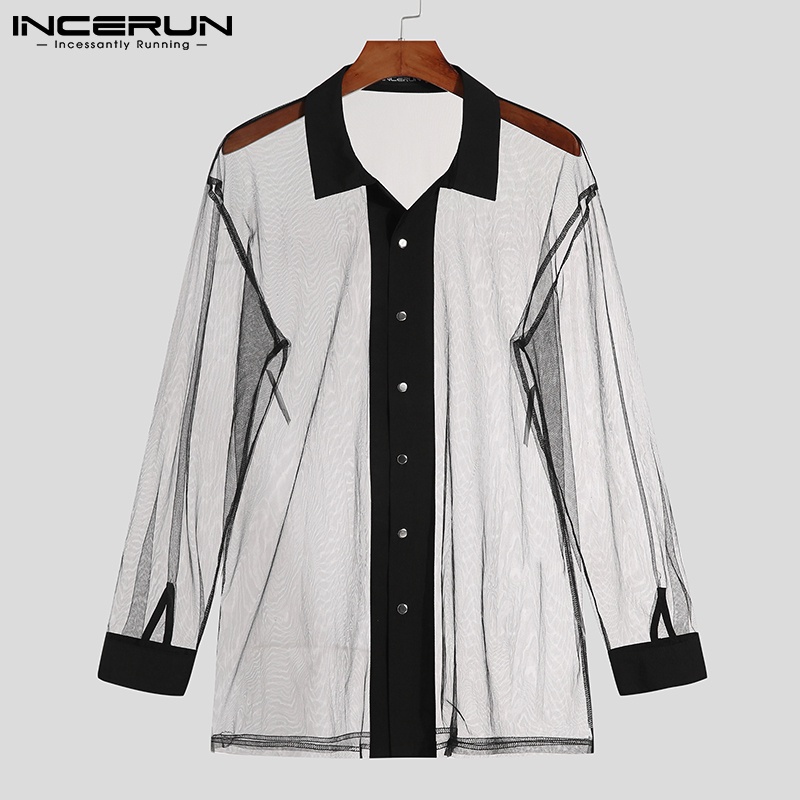 Áo sơ mi nam INCERUN chất liệu lưới xuyên thấu tay dài cổ bẻ thời trang