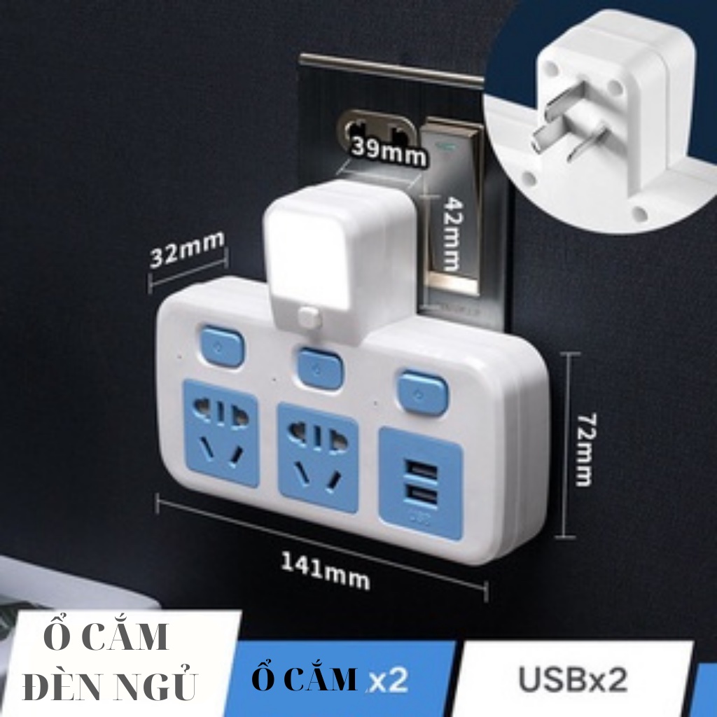 Ổ cắm điện đèn ngủ có cổng USB nhiều lỗ cắm đa năng thông minh tích hợp đèn ngủ, tải 2500W