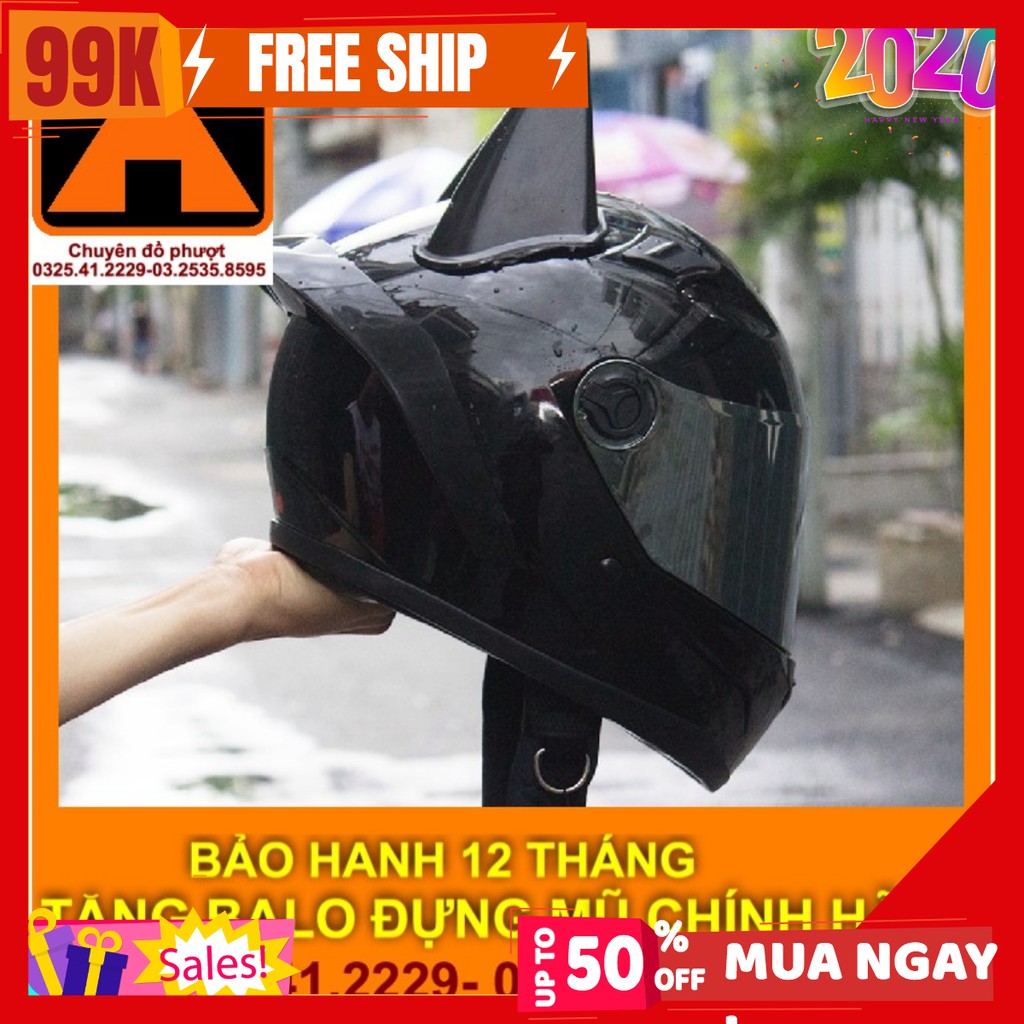 [Miễn phí v/c] combo Mũ FULL FACE AGU ĐEN bóng đi kèm SỪNG BATMAN + ĐUÔI GIÓ