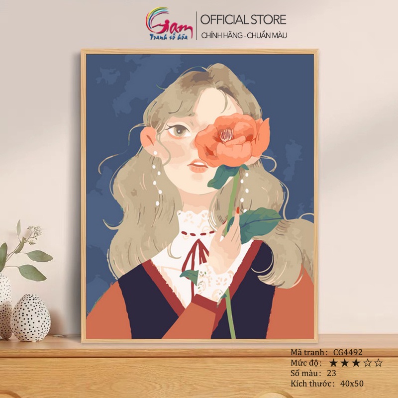 Tranh số hóa tự tô màu Gam cô gái hoa GAM nâng cấp lọ màu to 5ml kèm 2 bộ cọ CG4492