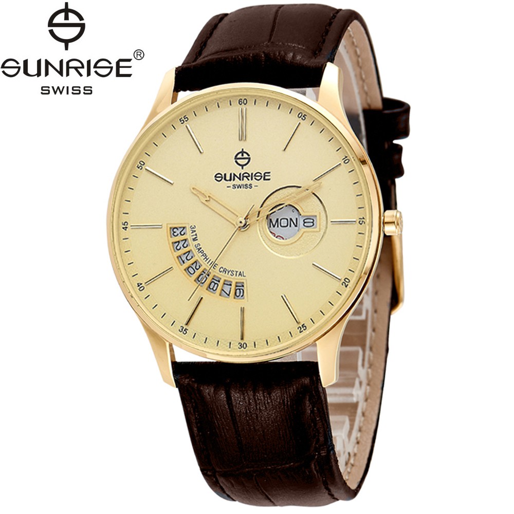 Đồng hồ nam dây da mặt kính sapphire chống xước Sunrise DM1127MK-GL vàng
