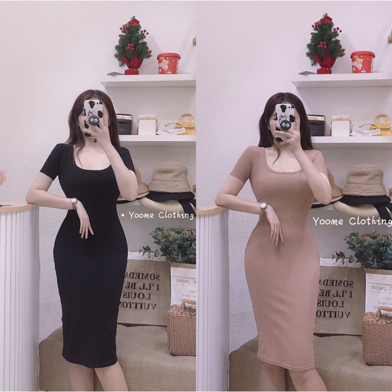 [Mã WASKT304 giảm 15% tối đa 30K đơn 99K] Váy Body cổ vuông dáng dài tay cộc [ ẢNH THẬT SHOP CHỤP]