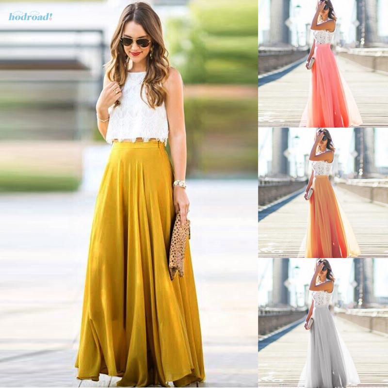 Chân váy chiffon dài lưng cao phong cách Bohemian thời trang cho nữ