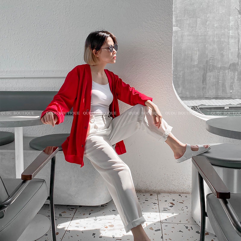 Áo Khoác Nữ Áo Cardigan QUDU Tay Dài Form Rộng Màu Đỏ Đô, Vàng Phong Cách Hàn Quốc Đơn Giản Dễ Phối