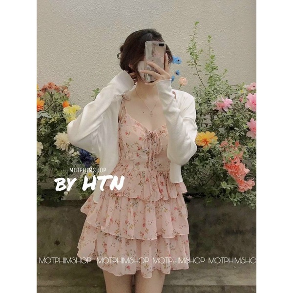 Set đầm midi 2 dây hoa nhí + Khoác cardigan lửng xanh