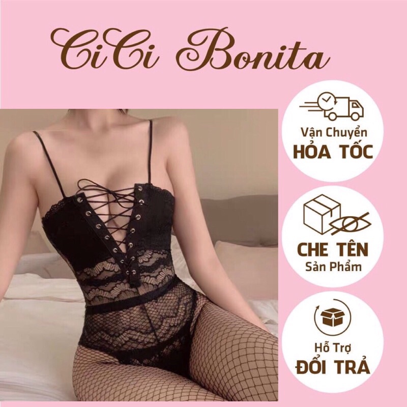 Bodysuit sexy/ Bộ đồ lót ren liền thân dây rút ngực xuyên thấu gợi cảm CB43 CICI BONITA HCM- Ship hỏa tốc
