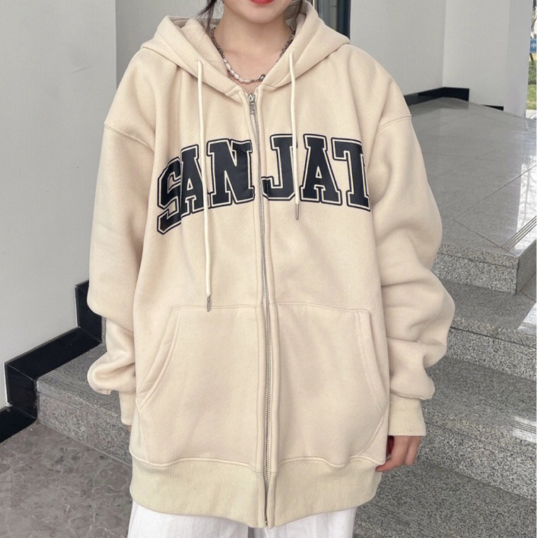 ZHELIHANGFEI Áo len trùm đầu khóa kéo dài tay áo T - kiểu dáng trường đại học áo sơ mi lỏng lẻo - phù hợp