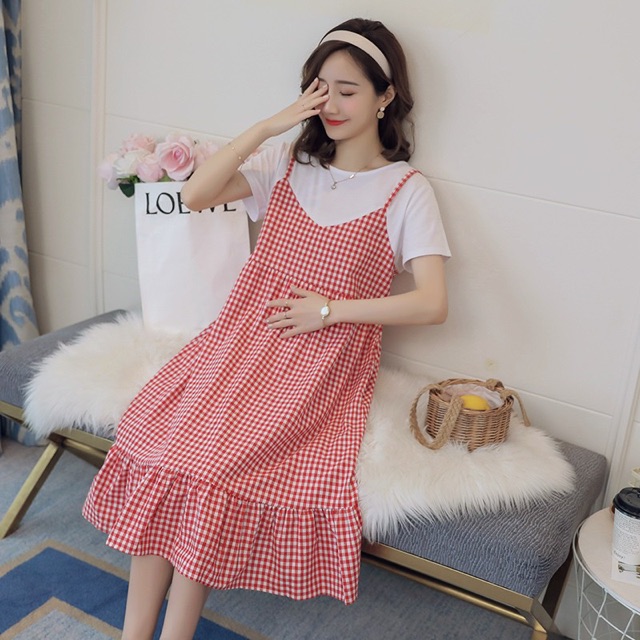 set yếm kẻ bầu - váy thiết kế