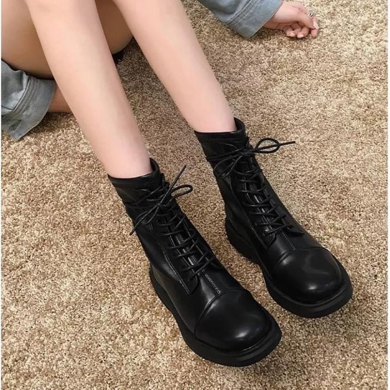 Boot Bốt Da Nữ Cao Cổ Dây Buộc Trước Đan 2 Kiểu Cá Tính Khóa Kéo Sau Mới
