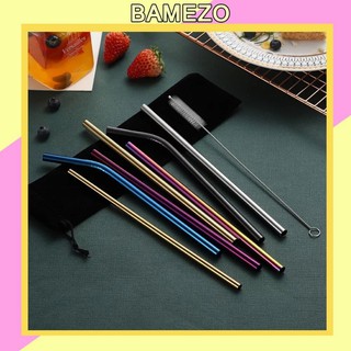 Combo 2 ống hút inox Bamezo ống hút cong ống hút thẳng tặng kèm cọ rửa