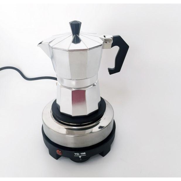 Ấm Pha Cafe Moka Pot + Bếp Điện - Combo Cả Bộ Gồm Ấm Moka 300ml ( 6 Cup ) Và Bếp Điện Mini 500W ( Chỉ Việc Dùng )