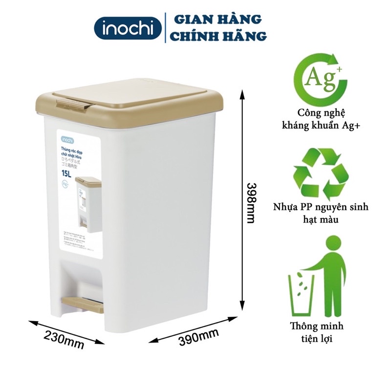 Thùng rác thông minh đạp chữ nhật Hiro 10L - 15L - 20L - 30L chính hãng Inochi