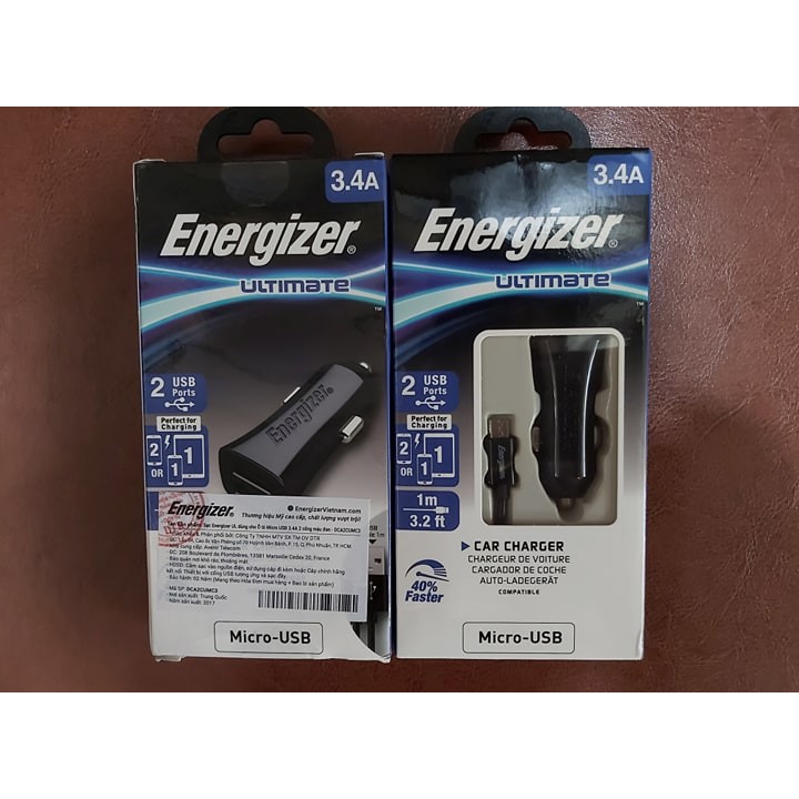 Sạc Ô tô Energizer UL 3.4A 2 USB + 1 Cáp Micro USB - DCA2CUMC3 - Chính Hãng (Màu Đen)
