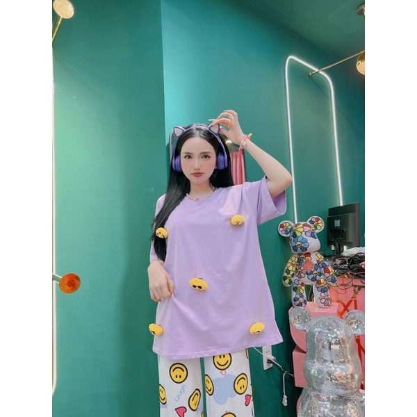 Set áo cotton đính mặt cười quần suông gân R6