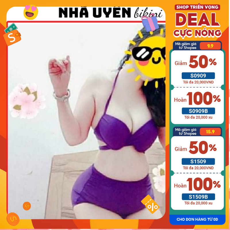 Bikini gọng nâng ngực quần nhúng cạp cao che bụng