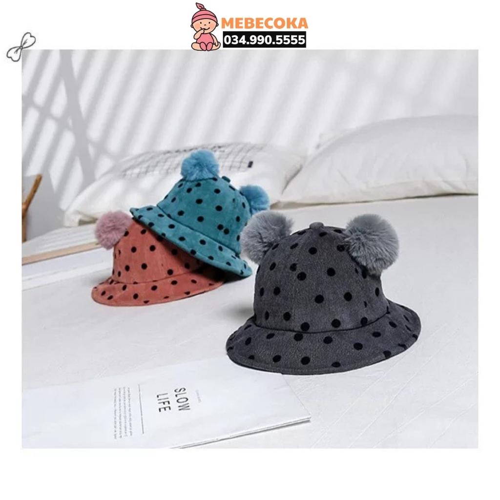 Mũ cho bé, mũ bucket chỏm lông thú, vành nón tai bèo tròn cho bé Trai bé Gái chất liệu CAO CẤP