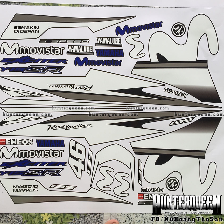 Tem rời dán xe Exciter 135 (2011-2014) màu đen. Tem trắng, chữ xanh GP