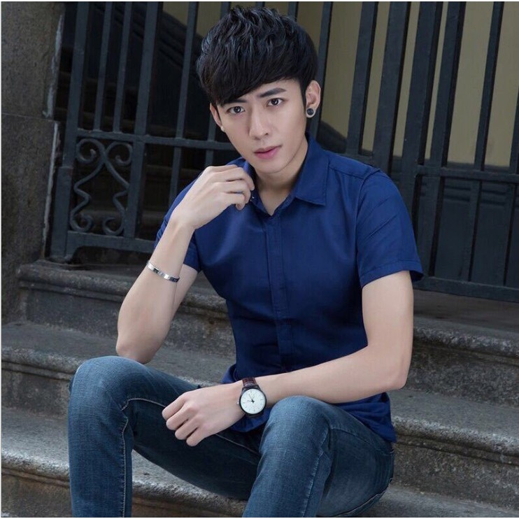 Áo sơ mi Nam ngắn tay cổ trơn màu xanh lam | BigBuy360 - bigbuy360.vn