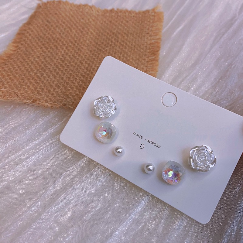 #100% Original# 3 Pairs/Set Simple White Pearl Flower Stud Earrings Set Fashion Geometric Earrings for Women