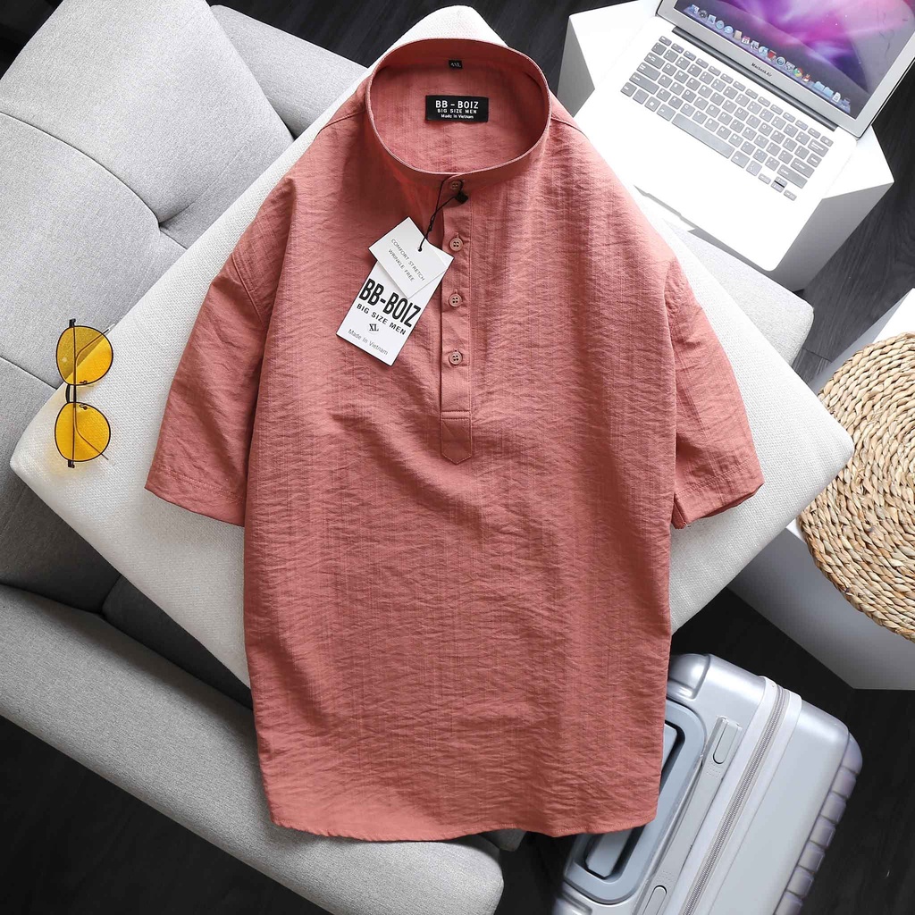BIGSIZE - Áo Sơ mi nam tay ngắn BB Boiz cổ tàu, cổ trụ vải đũi form bigsize 2x - 6x