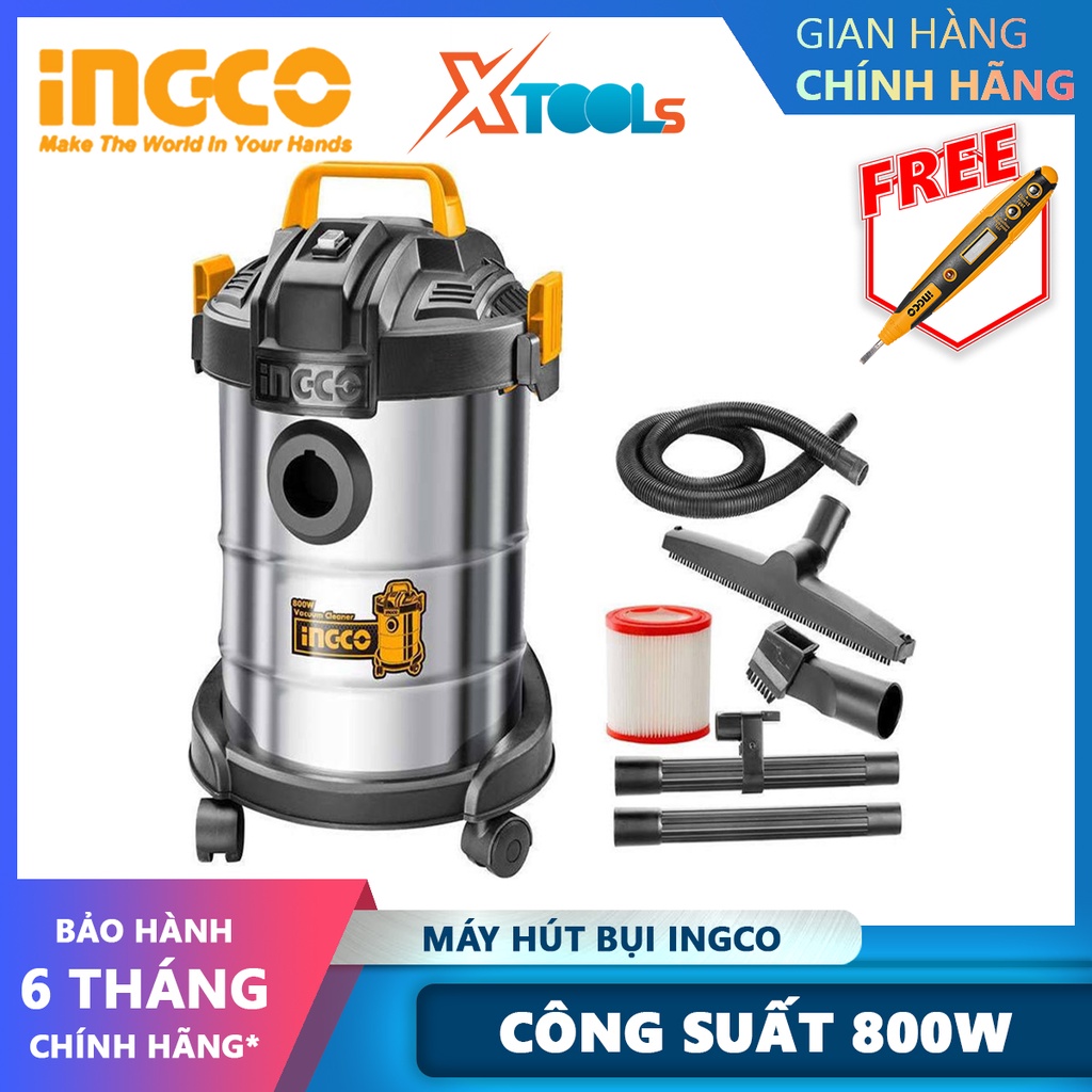 Máy hút bụi INGCO VC14122 máy hút bụi mô tơ đồng 800W, Kèm Ống ruột gà 1.5m, 3 đoạn ống nối, Cục lọc HEPA hút bụi, đất c