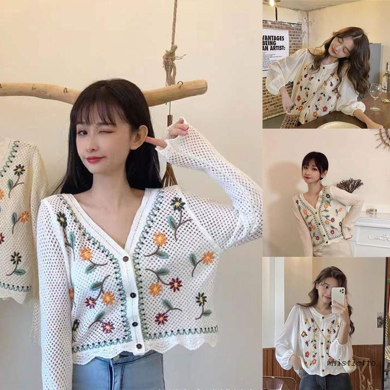 Whi Áo Khoác Cardigan Dệt Kim Tay Dài Cổ Chữ V Thêu Họa Tiết Hoa Gợn Sóng Cài Nút Thời Trang Mùa Xuân Cho