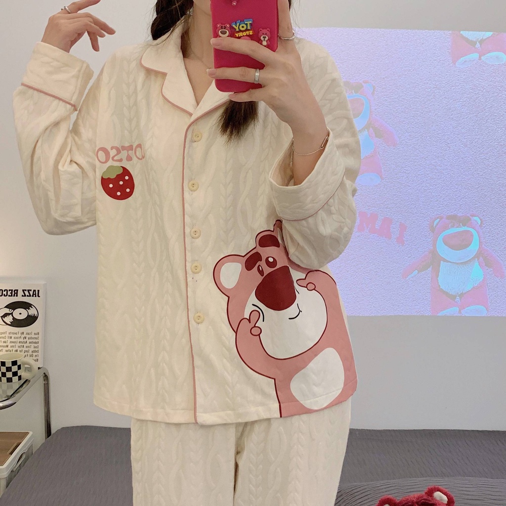 Bộ Đồ Ngủ Tay Dài Chất Cotton In Họa Tiết Dâu Tây / Gấu Dễ Thương Thời Trang Xuân Thu Cho Nữ