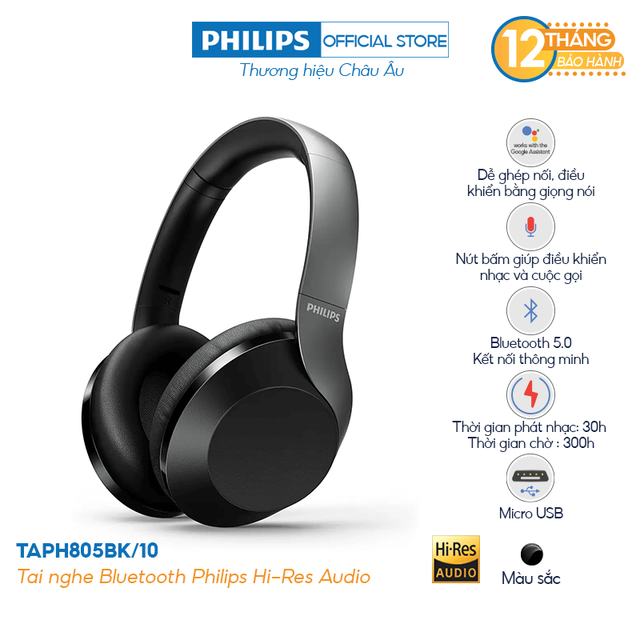 Tai nghe Bluetooth Philips Hi-Res Audio - TAPH805BK/10