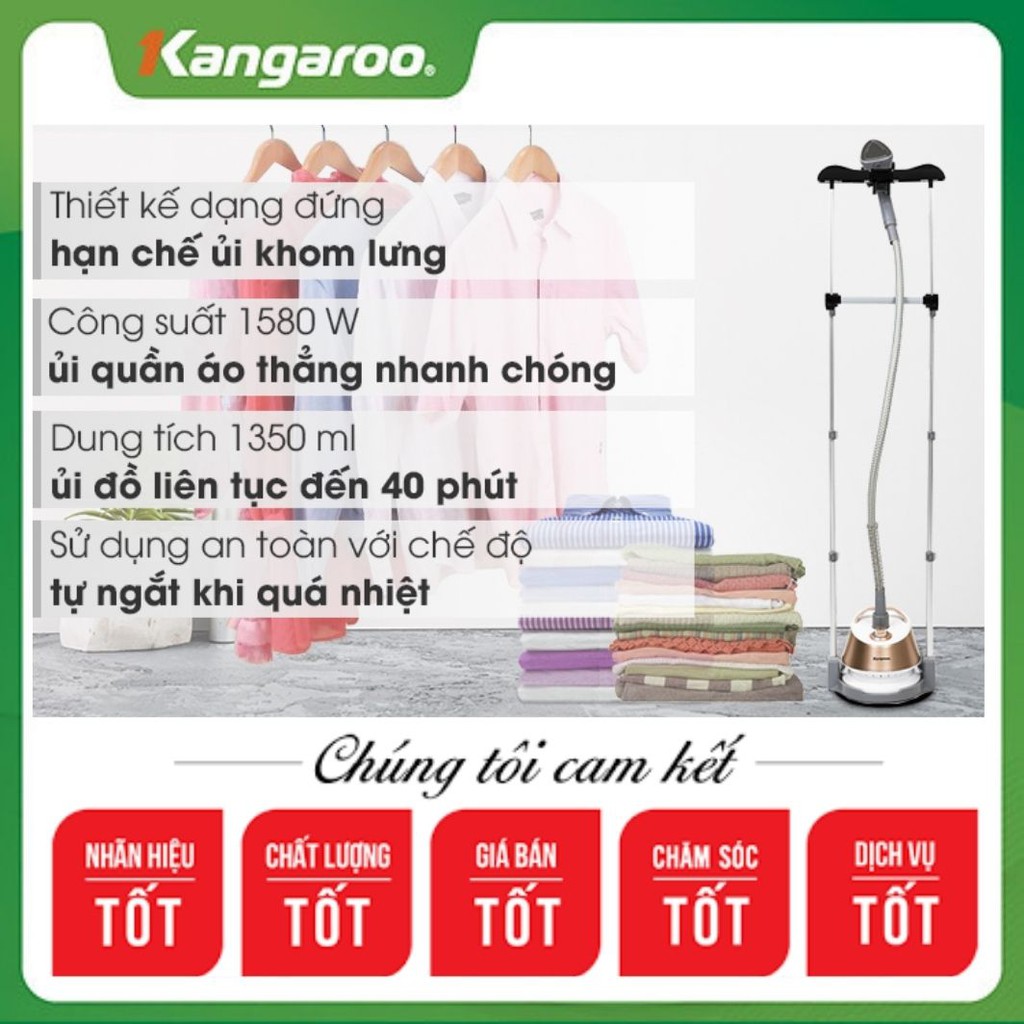 Bàn là hơi nước đứng Kangaroo KG75B6, công suất 1580W nóng lên chỉ trong vòng 30 giây, có chức năng điều chỉnh nhiệt độ.