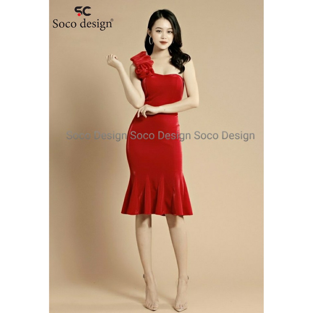 Đầm dự tiệc một vai kết hoa cao cấp Soco Design SC23151