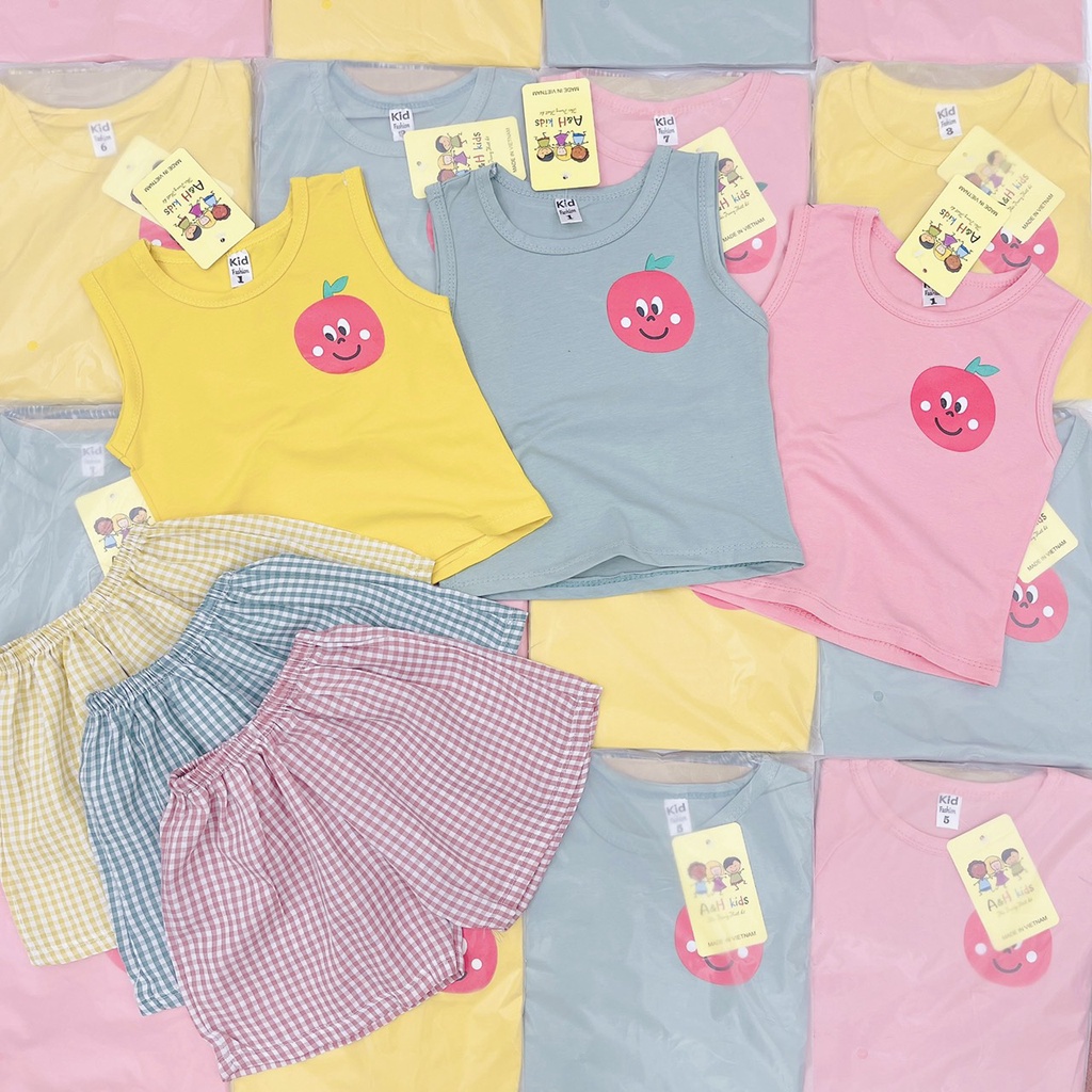 Bộ Ba Lỗ Bé Trai, Bé Gái Vải Thun Cotton In Hình Quả Phối Quần Kẻ Caro , Đồ Bộ 3 Lỗ Cho Bé Mặc Hè - AN.KID