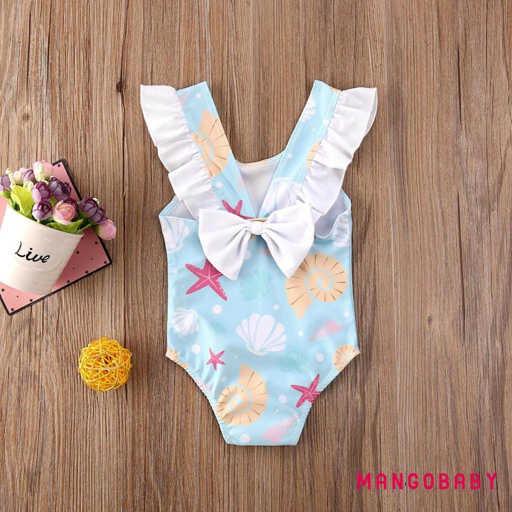 Bộ Đồ Bơi Một Mảnh Không Tay Phối Bèo Nhún In Họa Tiết Vỏ Sò Và Sao Biển Đáng Yêu Dành Cho Bé Gái