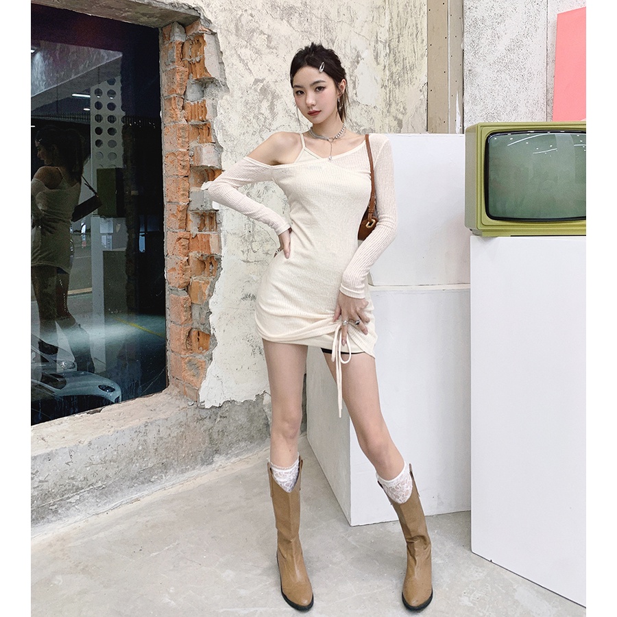 Đầm Dài Tay Màu Trơn Thiết Kế Lệch Tà Thời Trang Đường Phố Cá Tính Cho Nữ