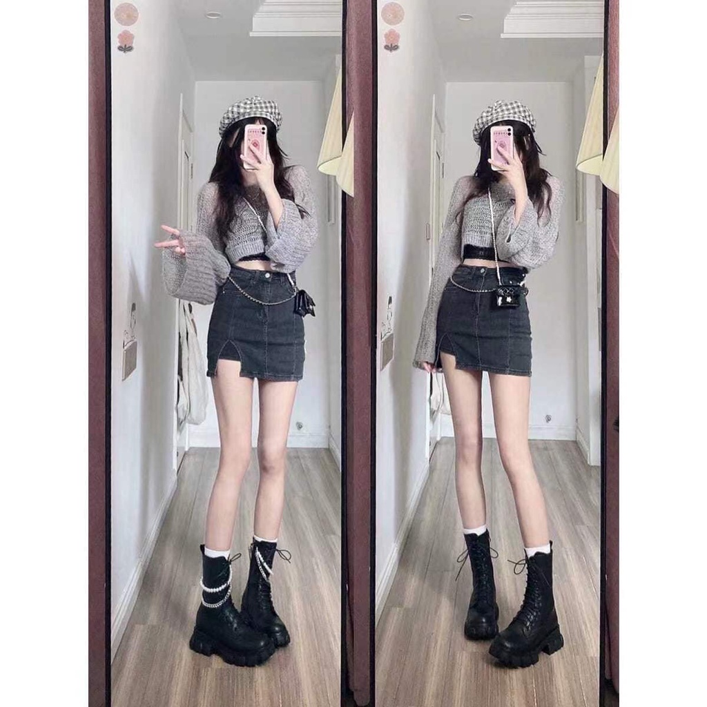 Jiashucheng Chân Váy Denim Ngắn Dáng Chữ A Xẻ Tà Co Giãn Phong Cách Mới 2022