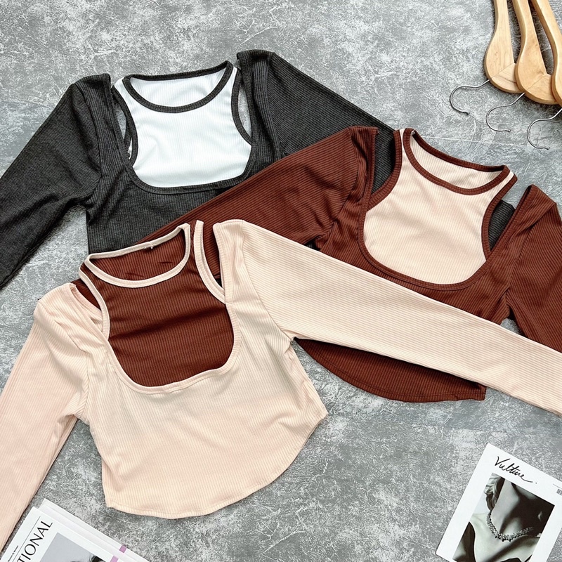 Áo Kiểu Nữ Dài Tay Vạt Bầu Áo Thun Nữ Hàn Quốc Phối Màu Hở Vai Ôm Body Sexy - 25 Store