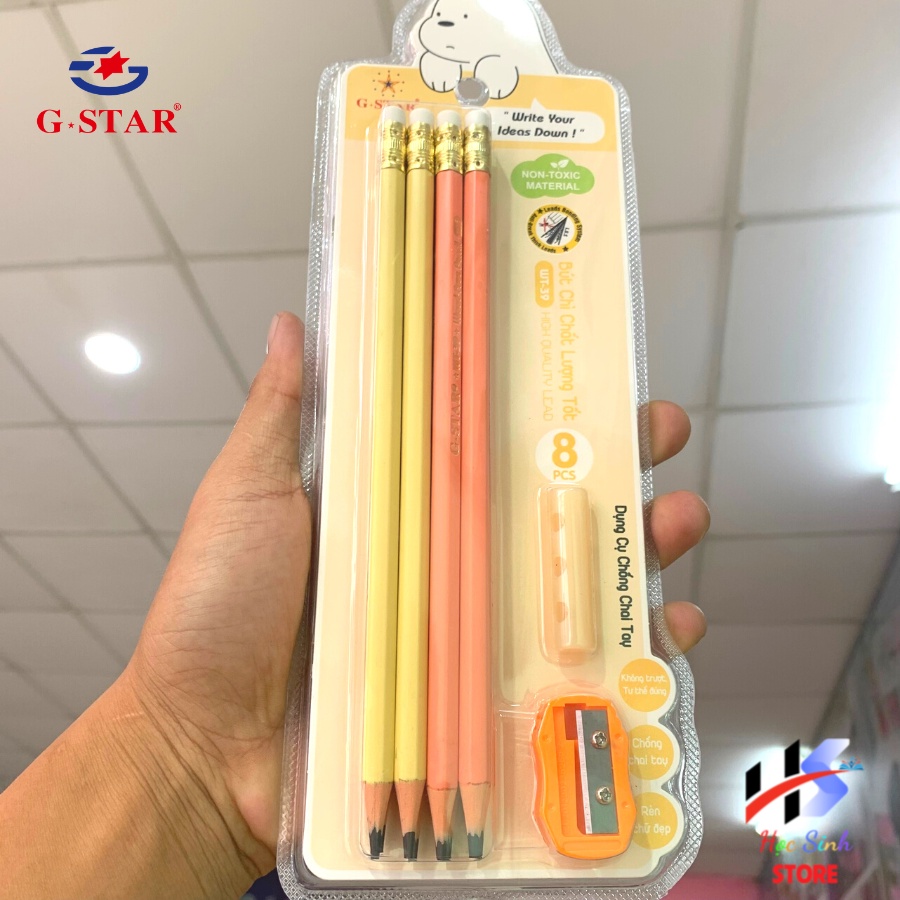 Vỉ 8 cây bút chì chất lượng cao Gstar WT-39 H2B kèm dụng cụ chống chai tay và chuốt