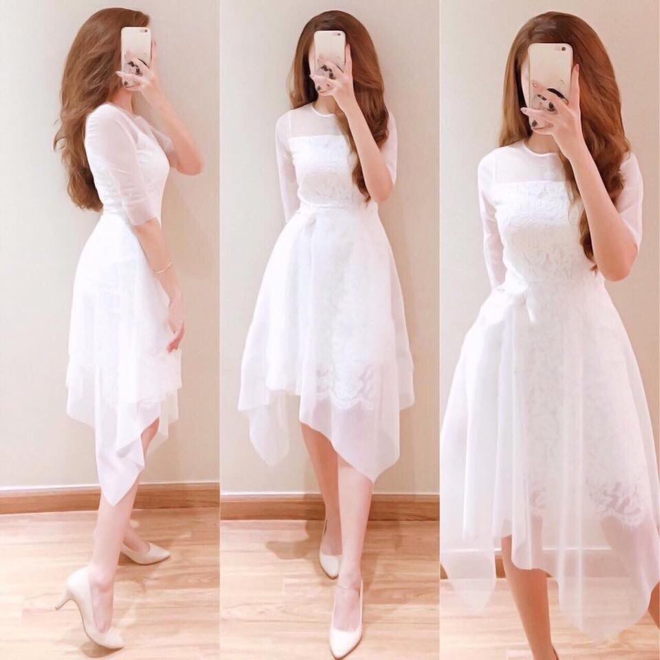 (Bán sỉ) Đầm Váy ren trắng sang chảnh phối voan lưới ghim cài eo Pearl Dress Đầm Váy dự tiệc đám cưới ZSP