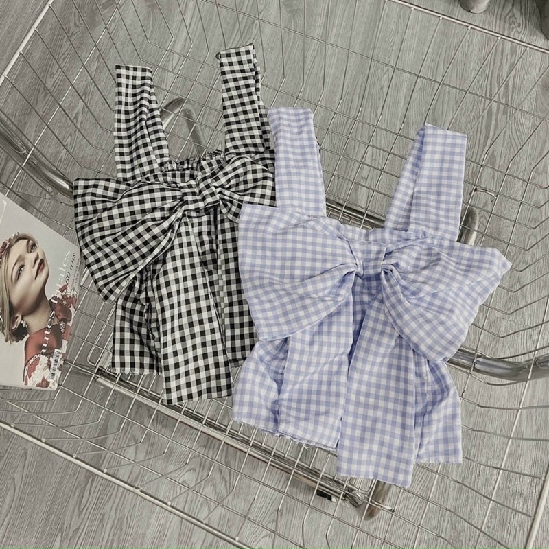 [HOT] ÁO KIỂU HAI DÂY BẢN NƠ TO CARO XANH,ĐEN CHẤT KATE SIÊU ĐẸP NỮ, chizishop