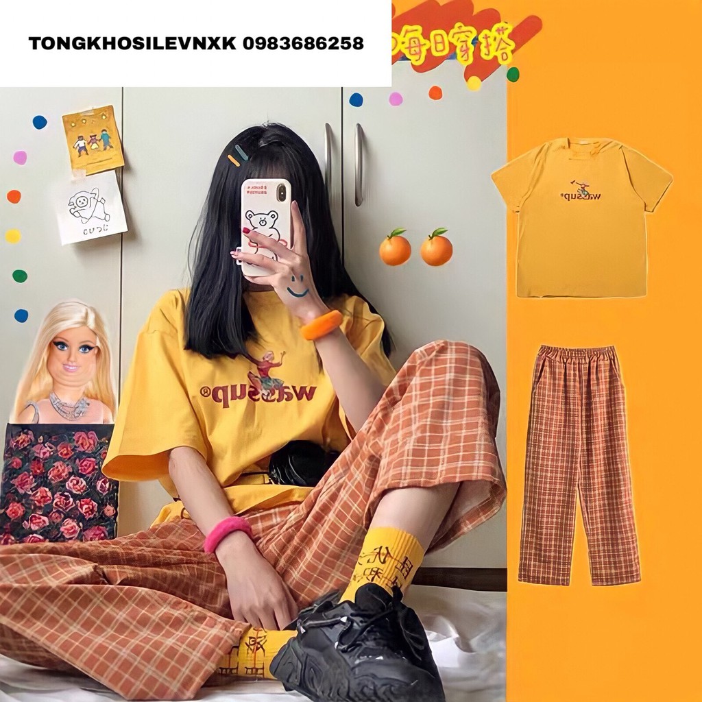 SET ÁO PHÔNG VÀNG WASS UP MIX QUẦN CARO CULLOTES KẺ CAM ULZZANG - Bộ Đồ Nữ Năng Động Hè