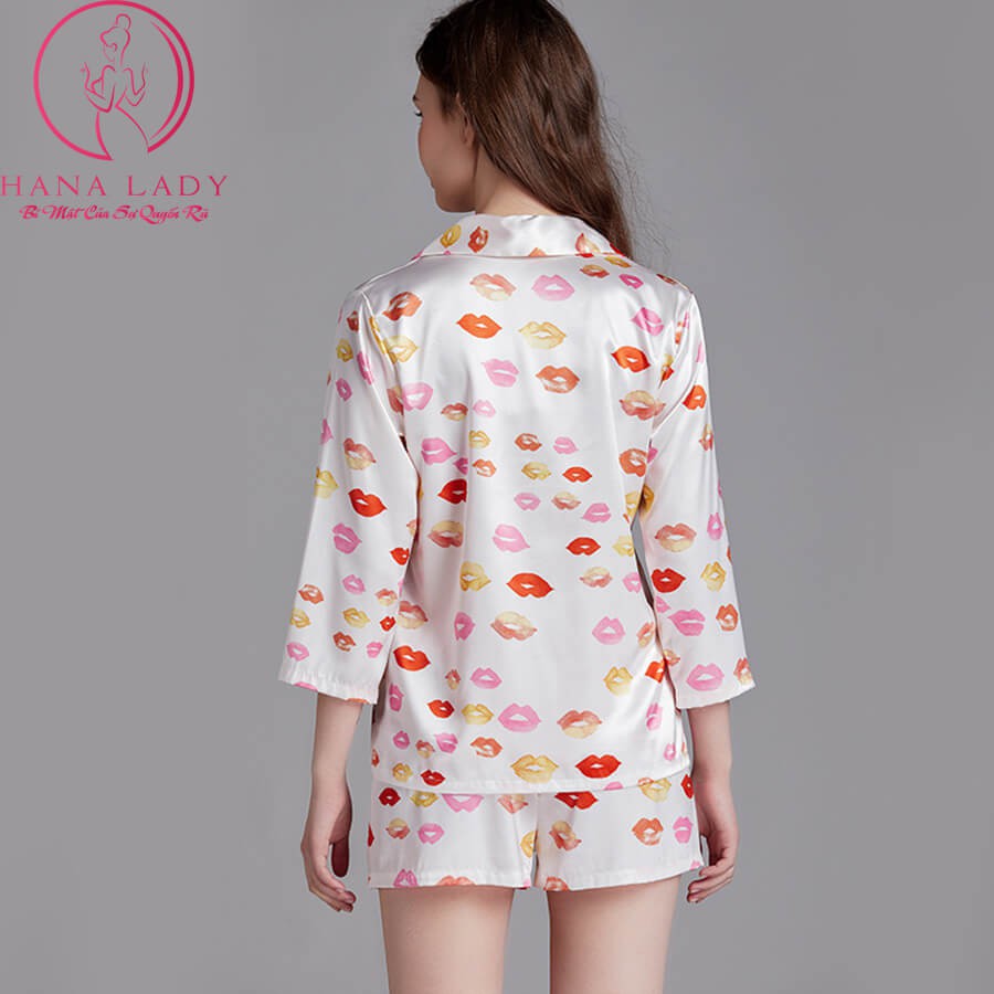 Pijama lụa tơ họa tiết môi cao cấp, Đồ bộ tay lỡ PJ355