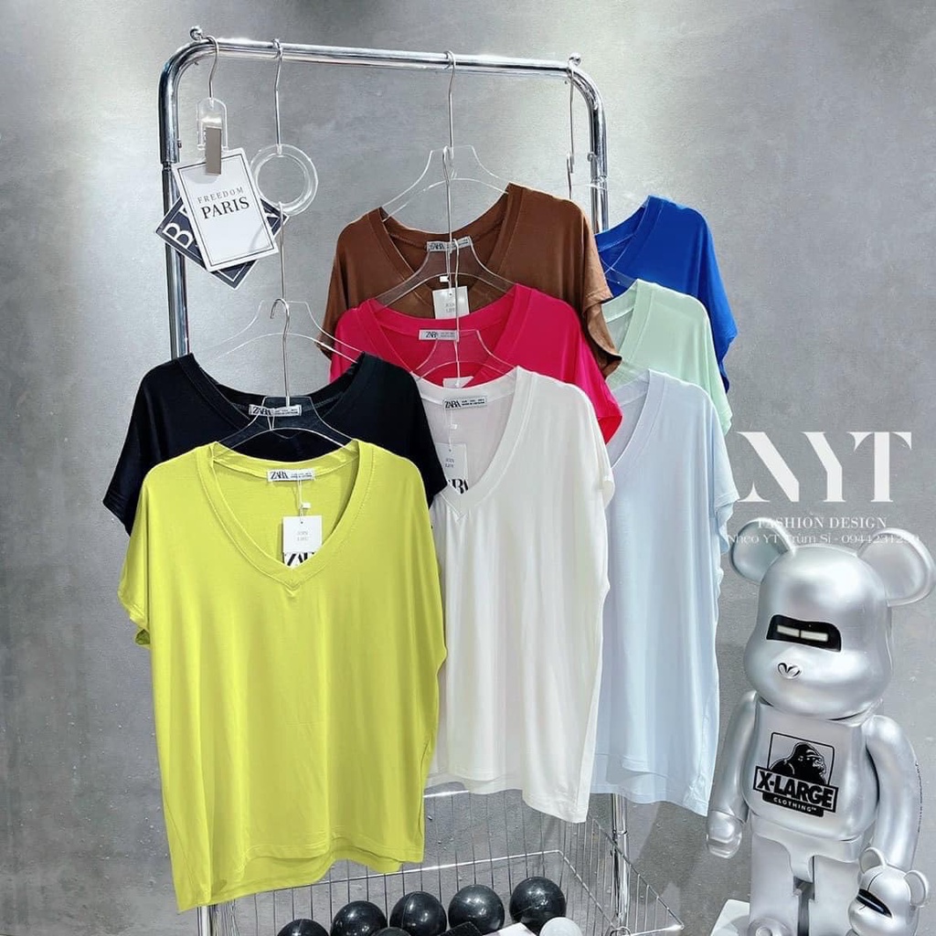 Áo Thun Nữ Cộc Tay Cổ Tim Dáng Suông Phông Trơn Vải Cotton Co Giãn Tốt. Màu Bassic Trắng, Đen, Đỏ Đô, Vàng, Cam Đất