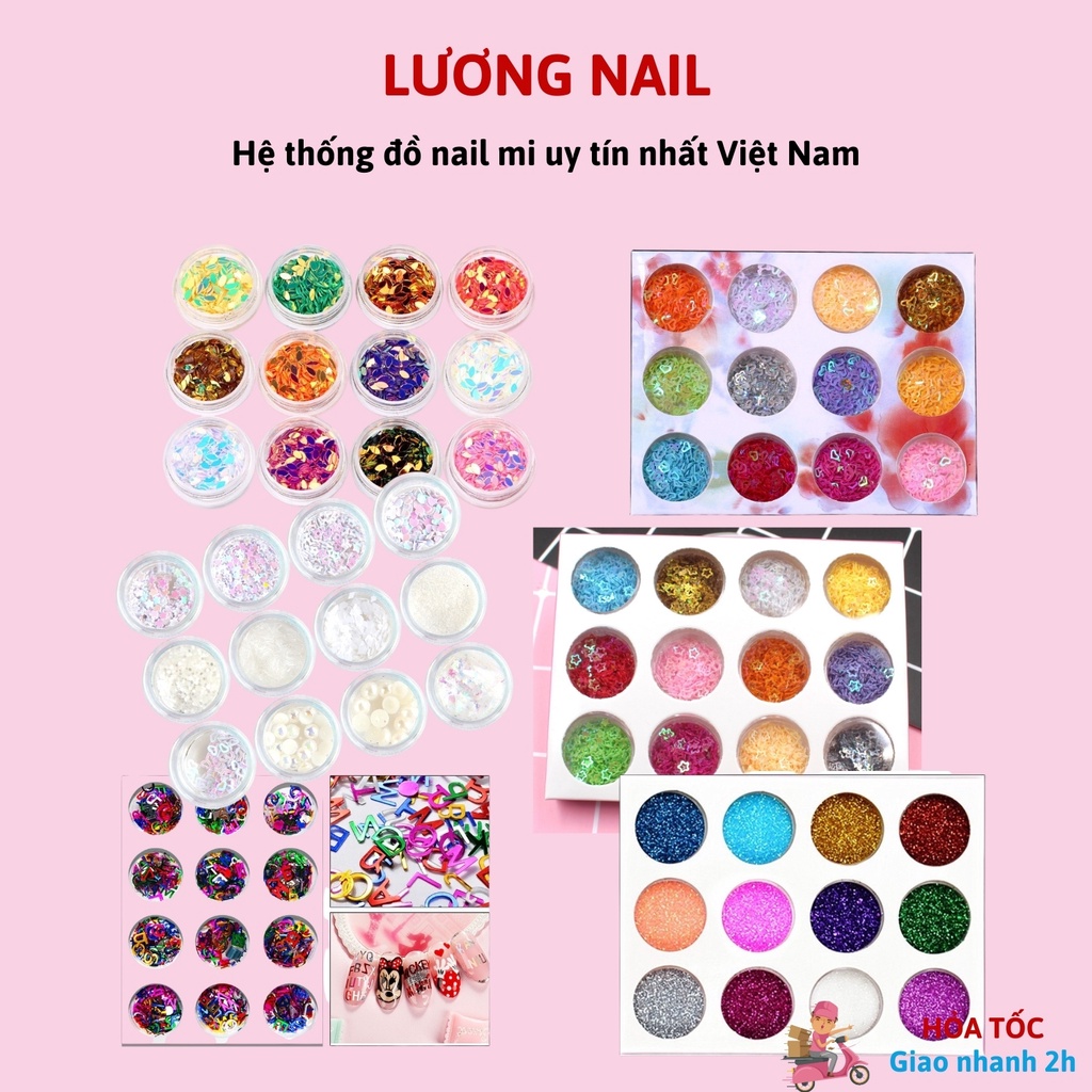 Nhũ trang trí nail set 12 ô các loại-nhũ rắc mịn/nhũ chữ cái/nhũ hạt gạo/giấy nhún/nhũ sợi kim tuyến