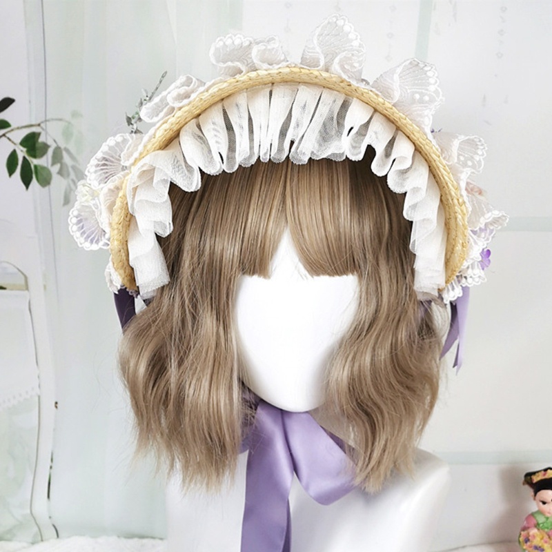 Nón Rơm Phối Dây Ruy Băng Ren Thắt Nơ Ngọt Ngào Phong Cách Lolita