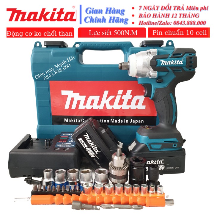 Siết bulong makita 168V KHÔNG CHỔI THAN đầu 2 trong 1 tặng kèm 5 khẩu và đầu chuyển vít